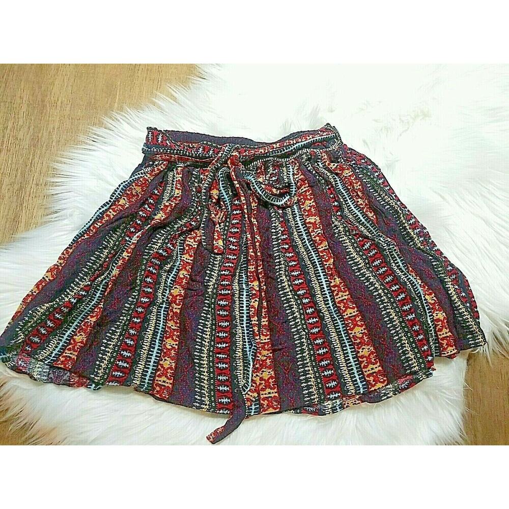 Forever 21 Wmns Jrs Size XS Circle Mini Skirt Tie Belt Boho RedBlkBlueYellow